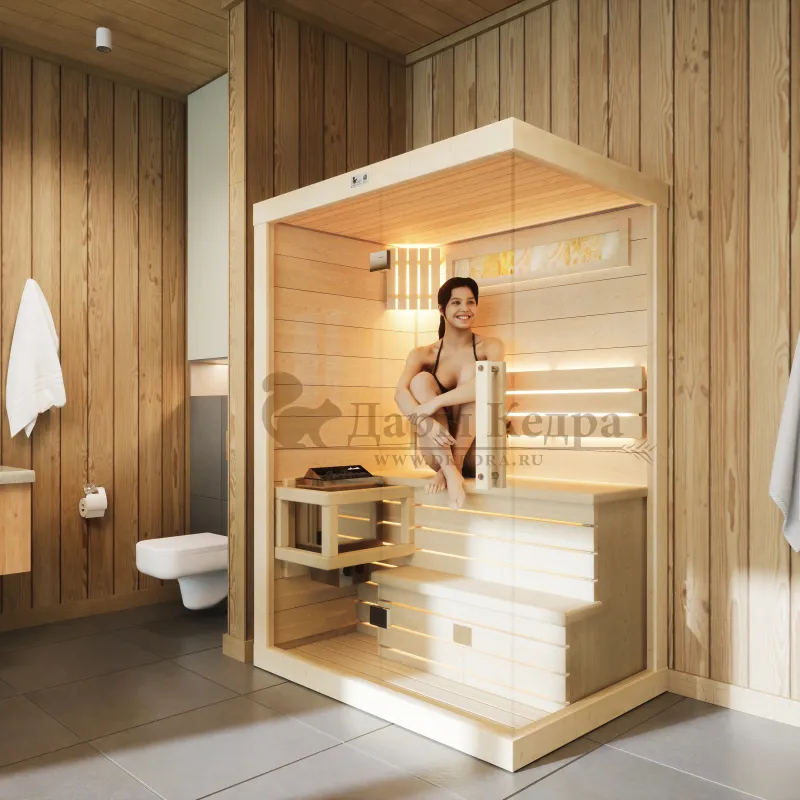 Двухместная прямая финская «Элит» сауна кабина из кедра и липы с электрокаменкой